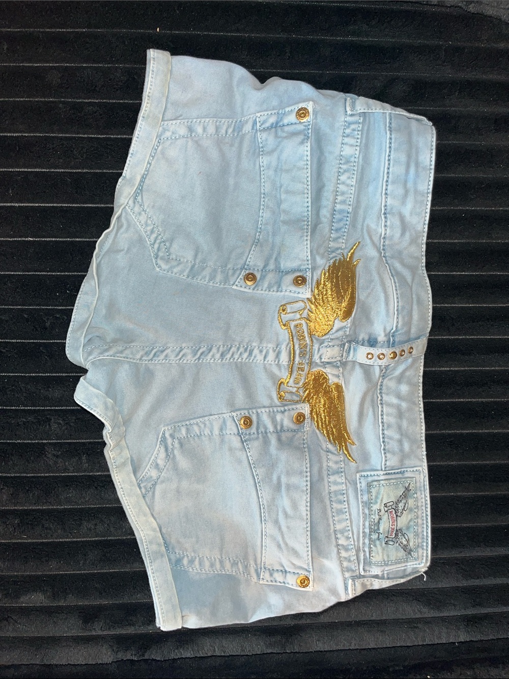 Robin’s Jean Light Blue Denim Shorts with Gold Accent Wings